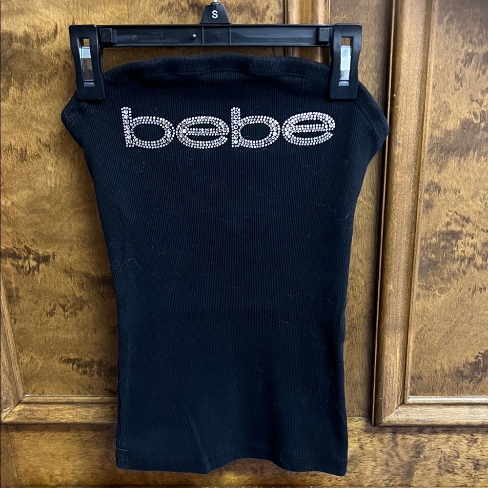 bebe Black Rhinestone Logo Strapless Tube Top